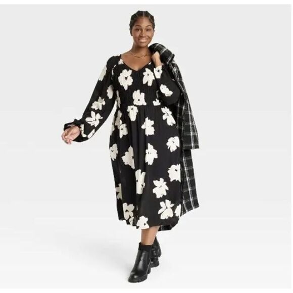 Ava & Viv Dresses & Skirts - Ava & Viv Women's V-Neck Long Balloon Sleeve Smocked Black Floral Dress Sz 1xl